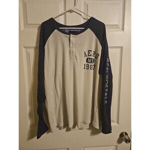 Aeropostale Long Sleeve Henley T Shirt Mens XXL Casual 3 Button White Blue Therm